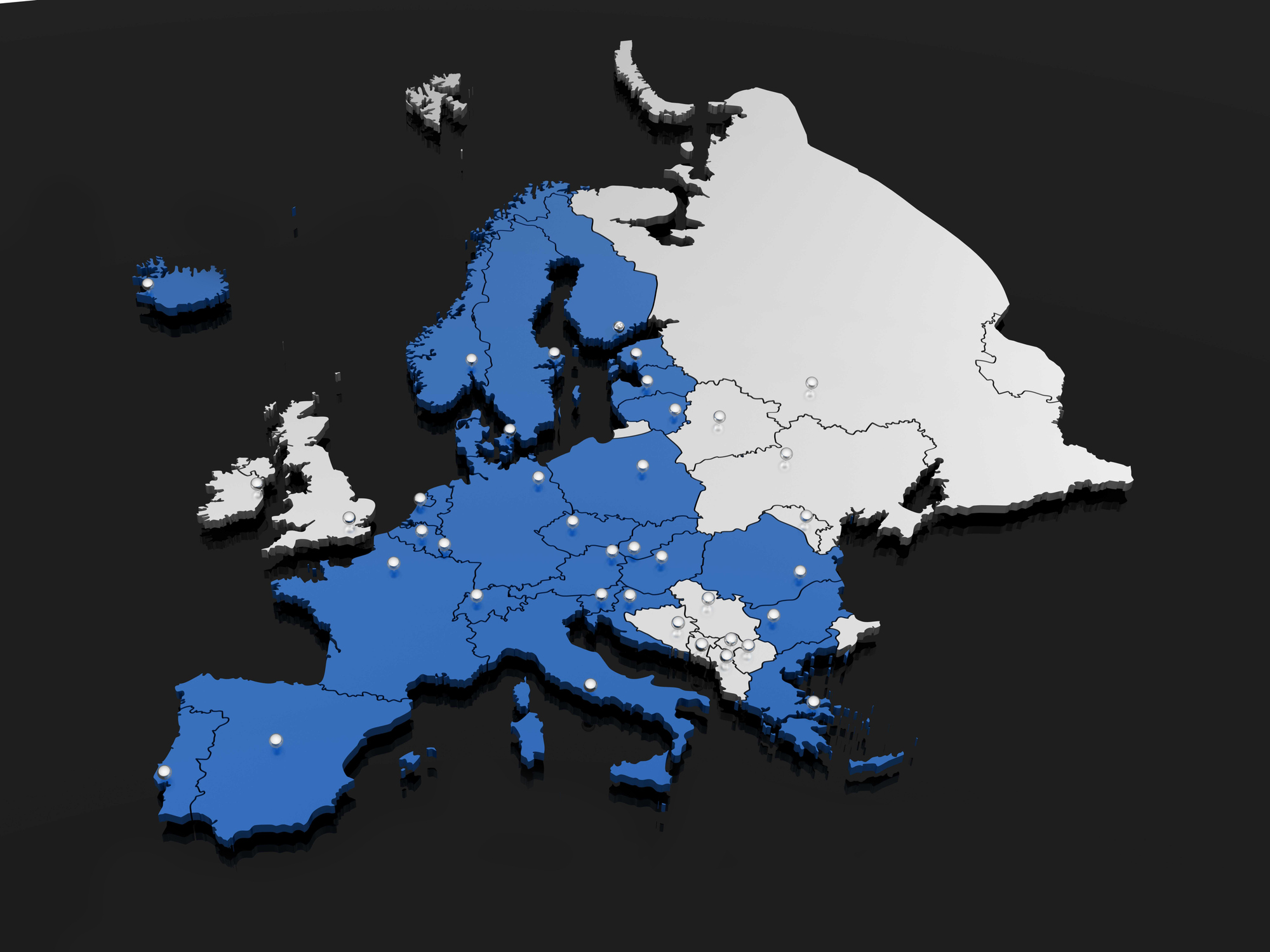 Gedetaileerde kaart van Europa waarin het Schengengebied in kleurcontrasten in is te zien