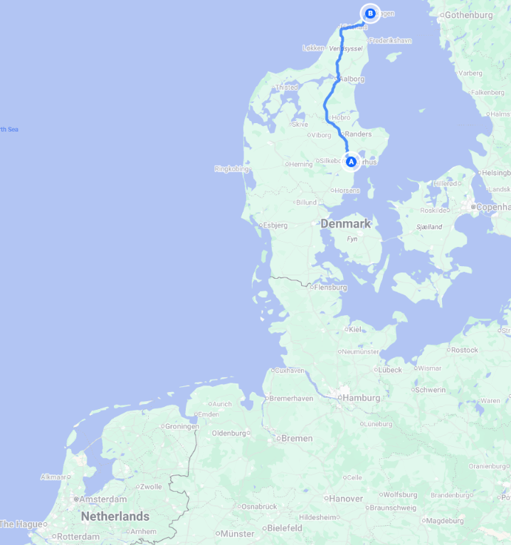 Route Aarhus naar Skagen op de kaart