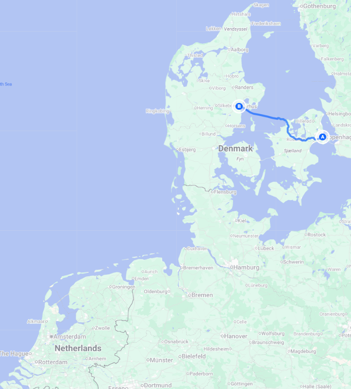 Route van Kopenhagen naar Aarhus op de kaart