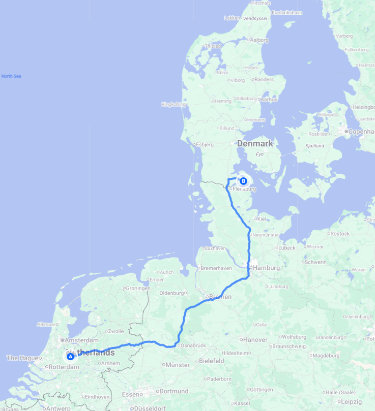 Route van Nederland naar Sonderborg Denemarken