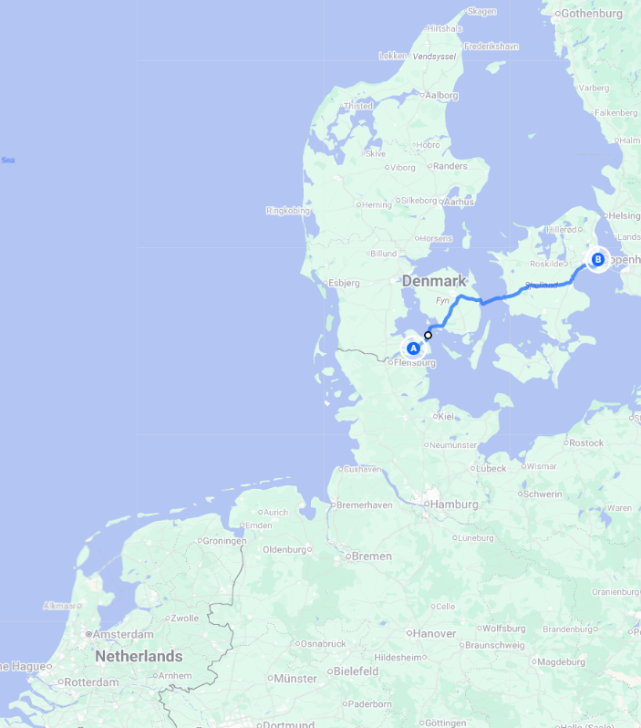 Route van Sonderborg naar Kopenhagen op de kaart