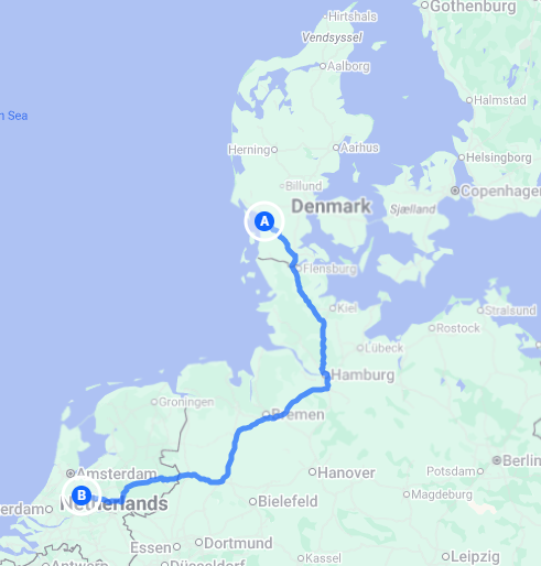 Route van Ribe naar Utrecht op de kaart