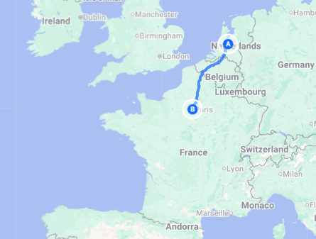 Route van Nederland naar Parijs