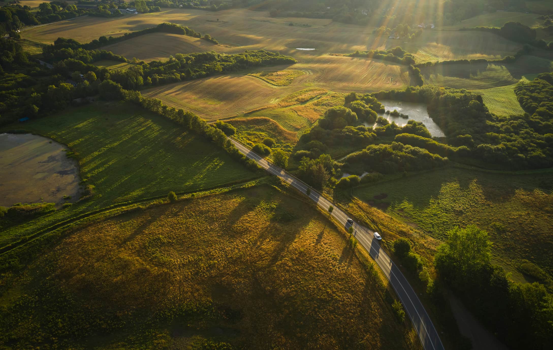 Prachtige weg in groen landsachap in Denemarken. Het gevoel van een roadtrip.