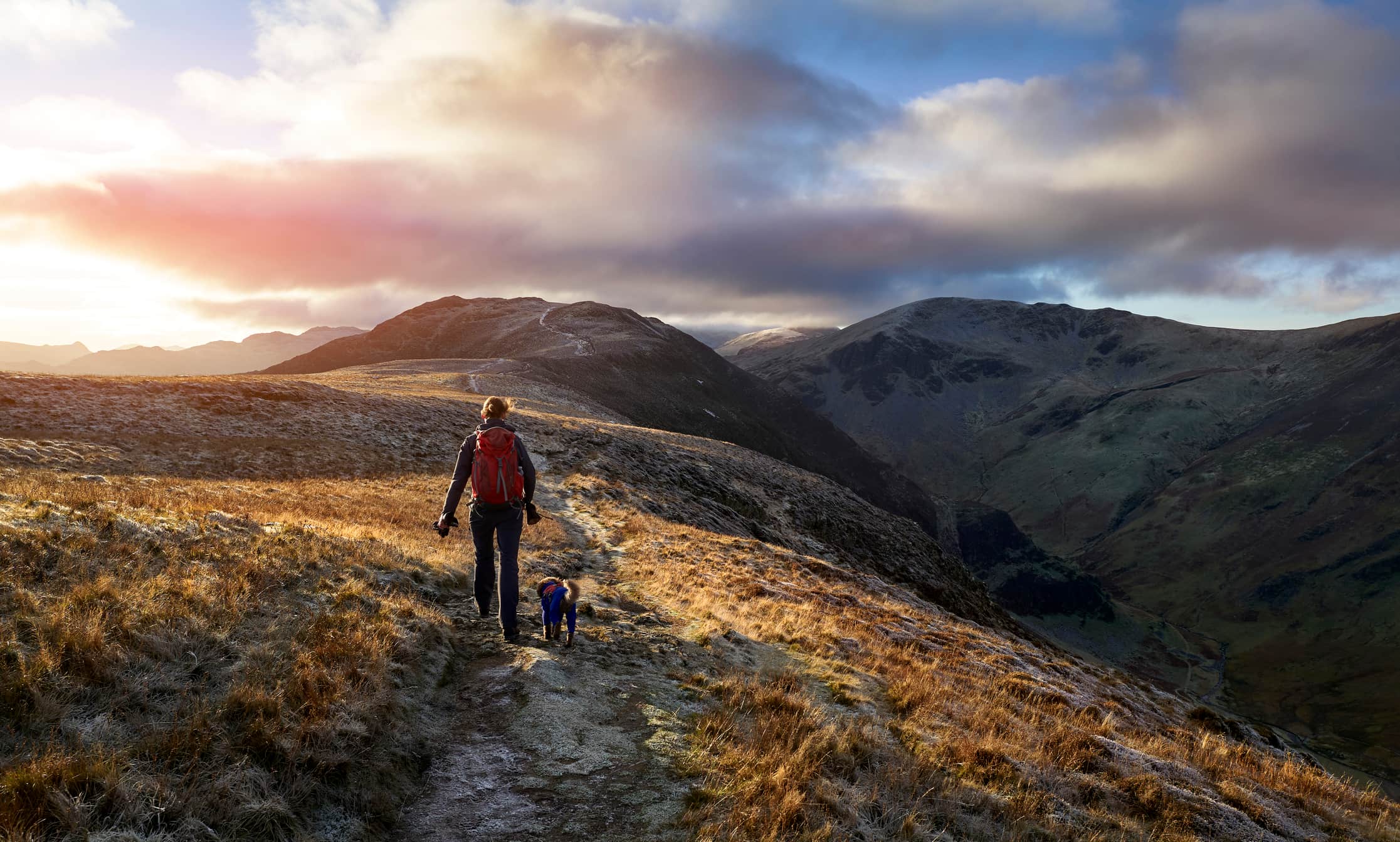 Wandelaar met hond op bergpad in het Lake District bij zonsondergang